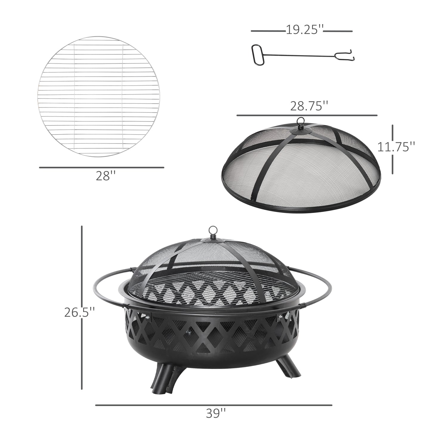 2-in-1 Outdoor Fire Pit with BBQ Cooking Grill, Round Firepit Bowl with Spark Screen Cover, Poker for Backyard Bonfire