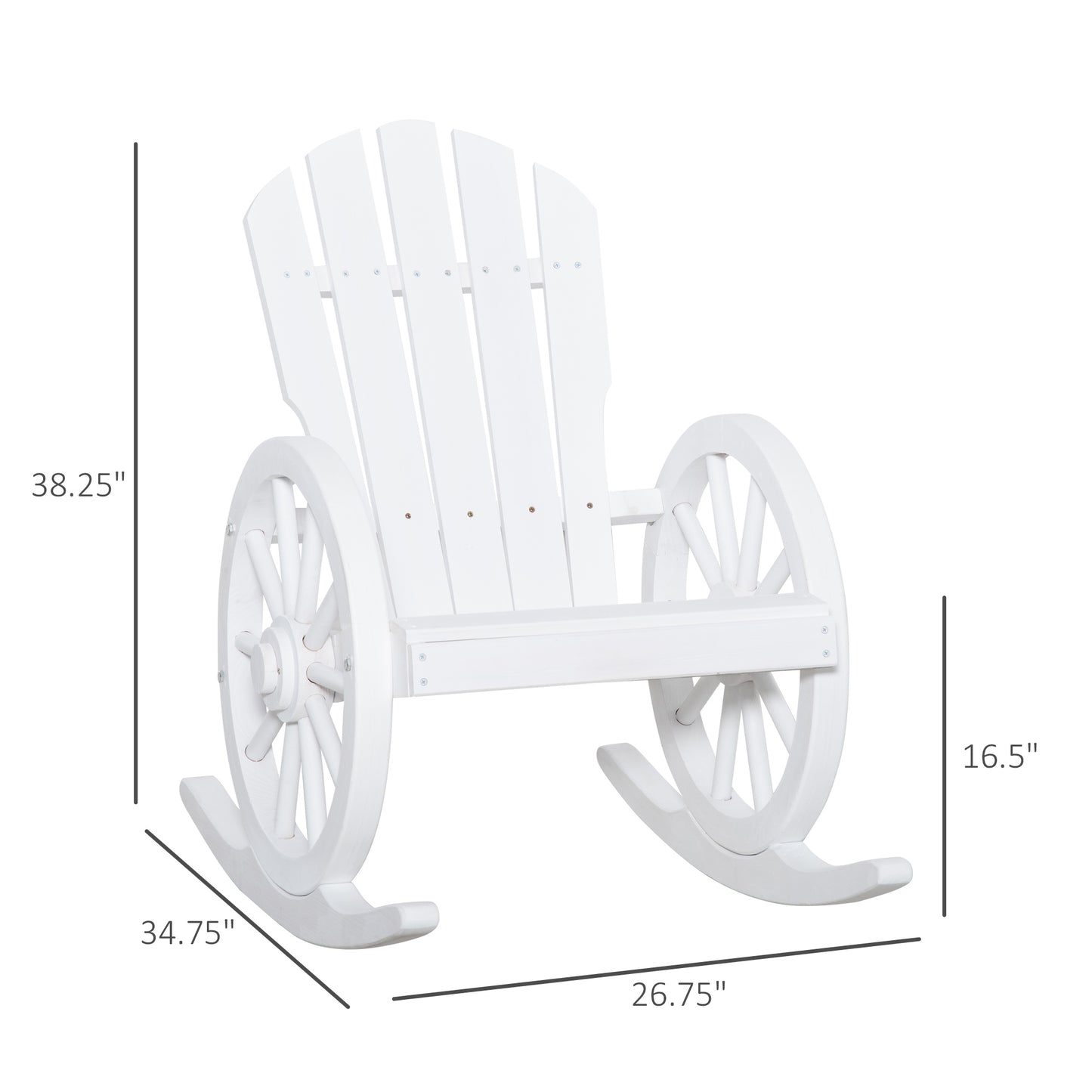 Patio Wooden Adirondack Rocking Chair, Wagon Outdoor Rocker Cahir with Slatted Design and Wheel Armrests for Porch, Poolside, or Garden Lounging, White