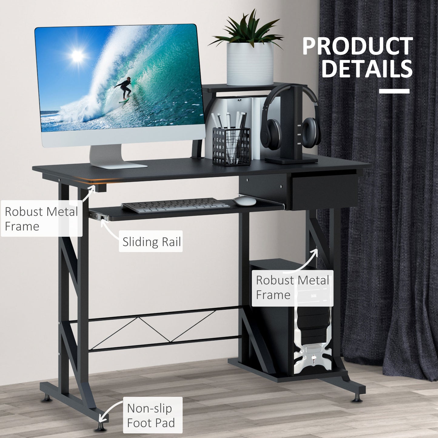 Computer Desk with Keyboard Tray, Writing Desk with Drawer, Workstation for Home Office, Black (35.4"Lx19.7"Wx37.4"H)