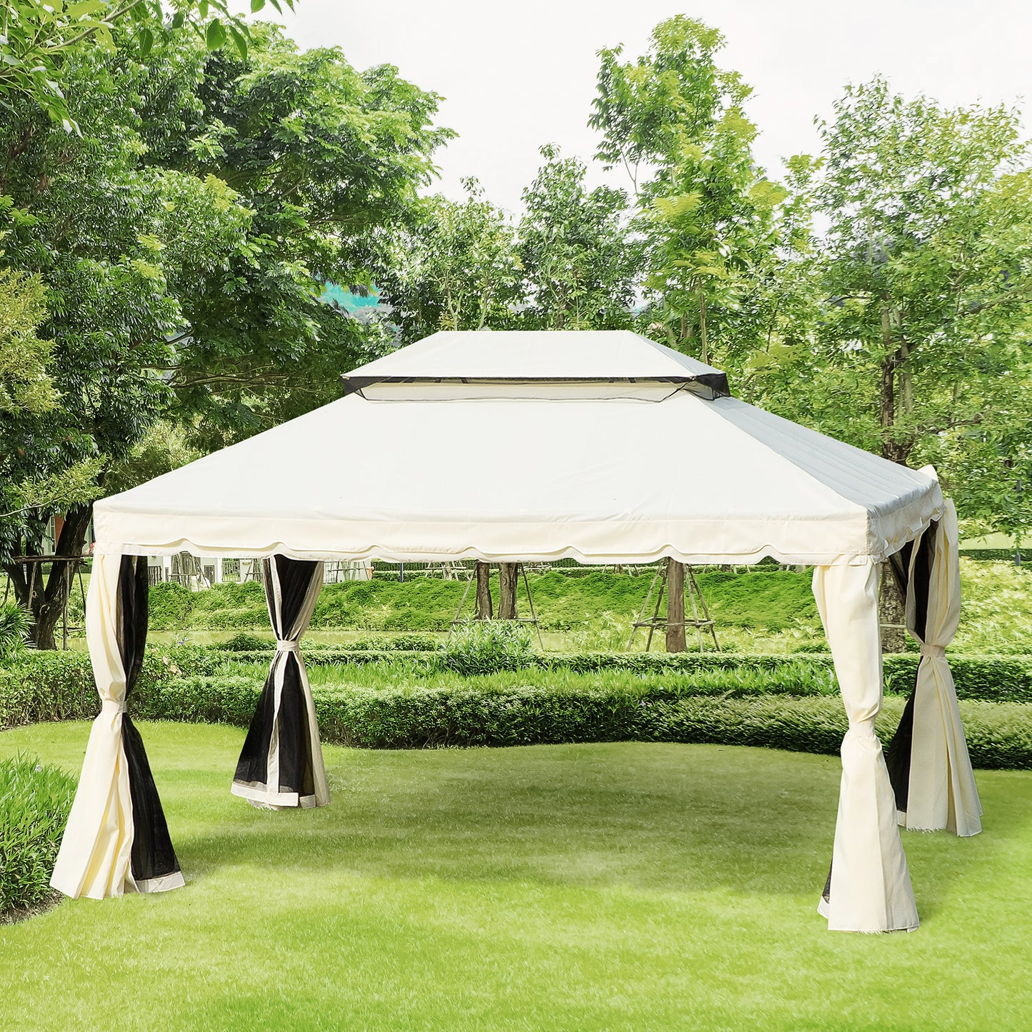 Outsunny 10 x 13ft Aluminum Frame Gazebo Canopy Double Tier Garden Shelter with Netting and Curtains, Beige