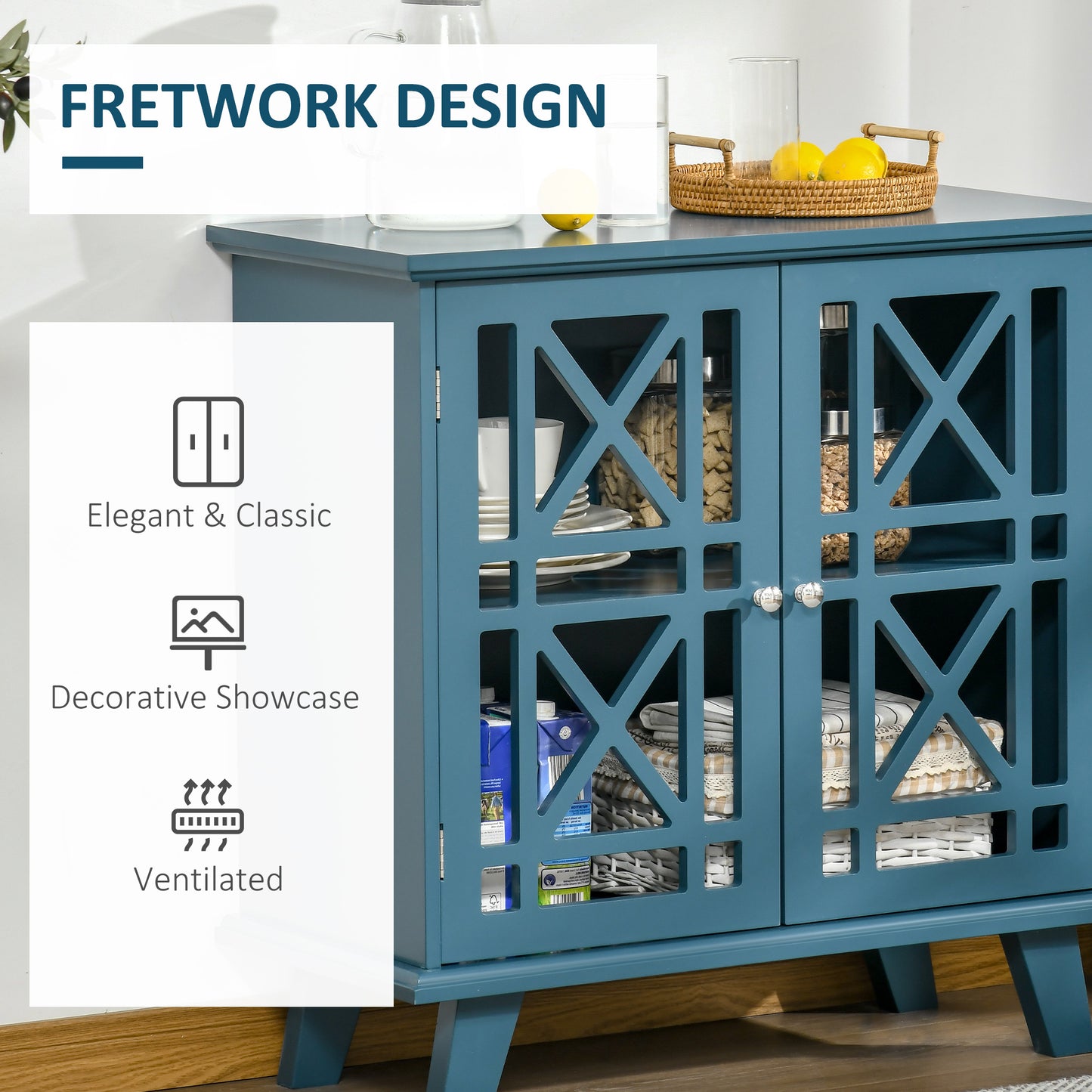 Storage Cabinet with Fretwork Doors and Shelf, Modern Freestanding Sideboard, Serving Buffet for Dining Living Room, Blue