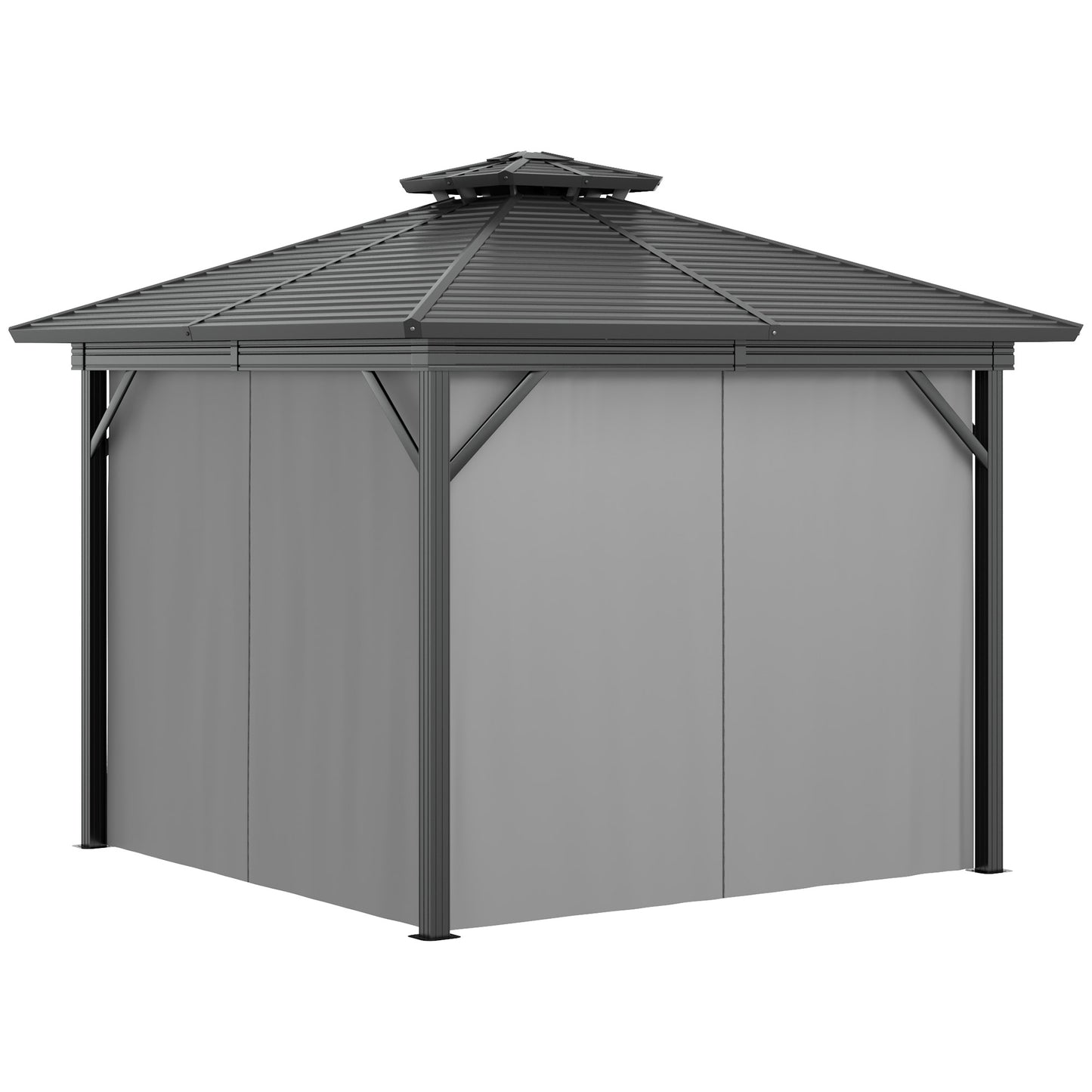 Outsunny 10' x 10' Steel Hardtop Gazebo Garden Sun Shelter with Mosquito Netting and Curtains Hanging Hook Aluminum Frame Black