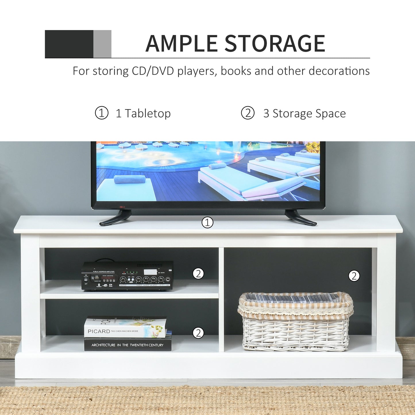 TV Stand Storage Console Cabinet Media Center with 3 Shelves for Living Room Bedroom Fits for 46'' TV, White