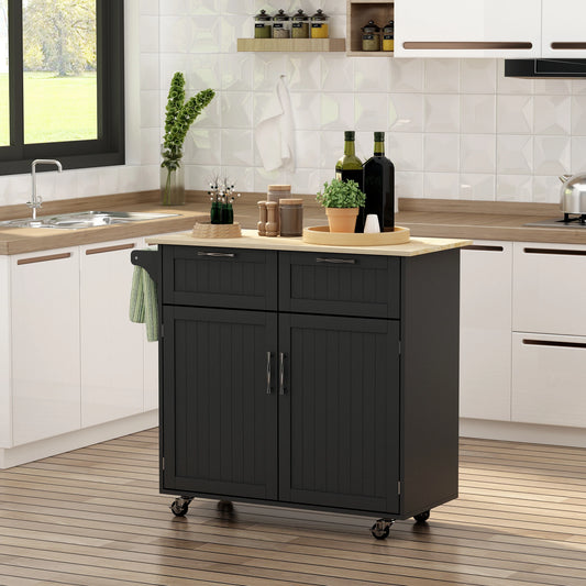 Rolling Kitchen Island with Storage Drawers, Modern Kitchen Cart with Rubber Wood Top, Cabinet & Towel Rack, Black