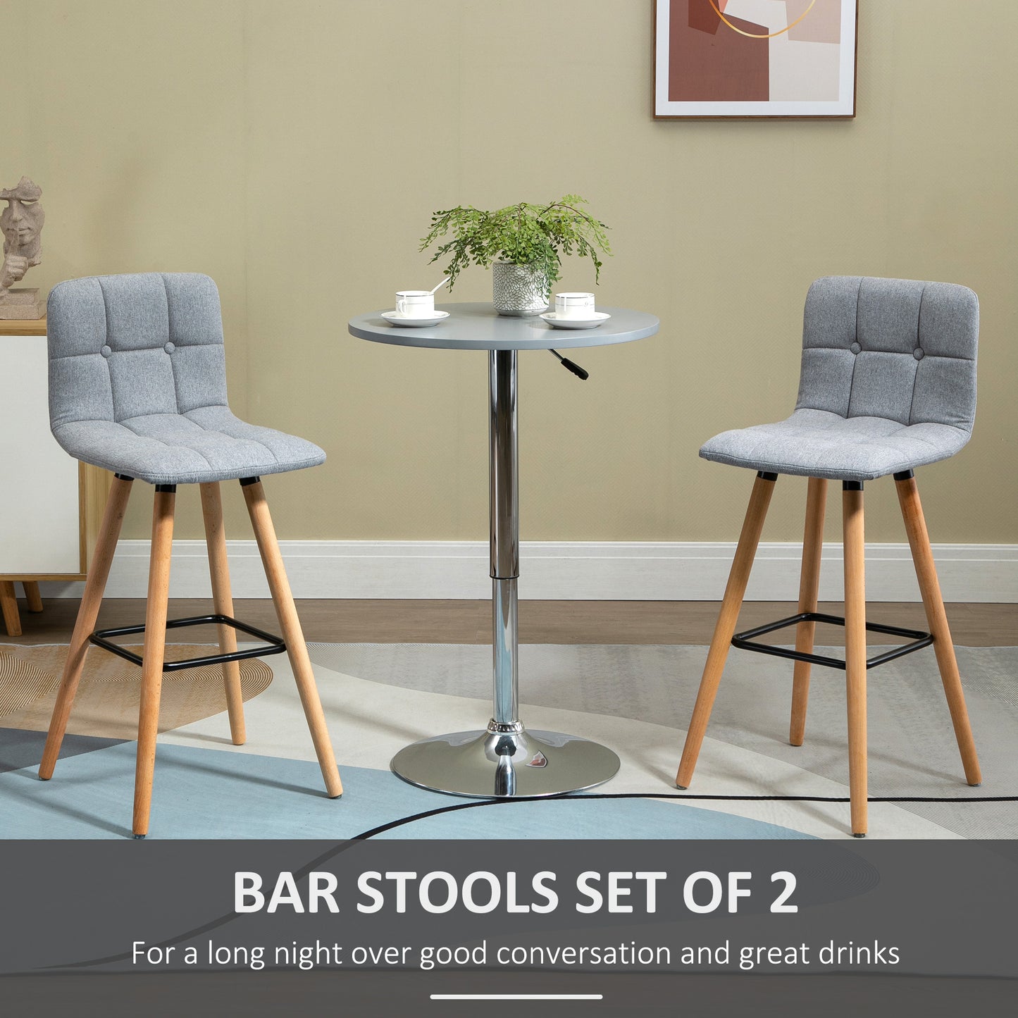 Modern Bar Stools Set of 2, 38" Upholstered Kitchen Island Stool with Solid Wood Legs, Backrest and Steel Footrest for Dining Room, Kitchen Counter, Grey