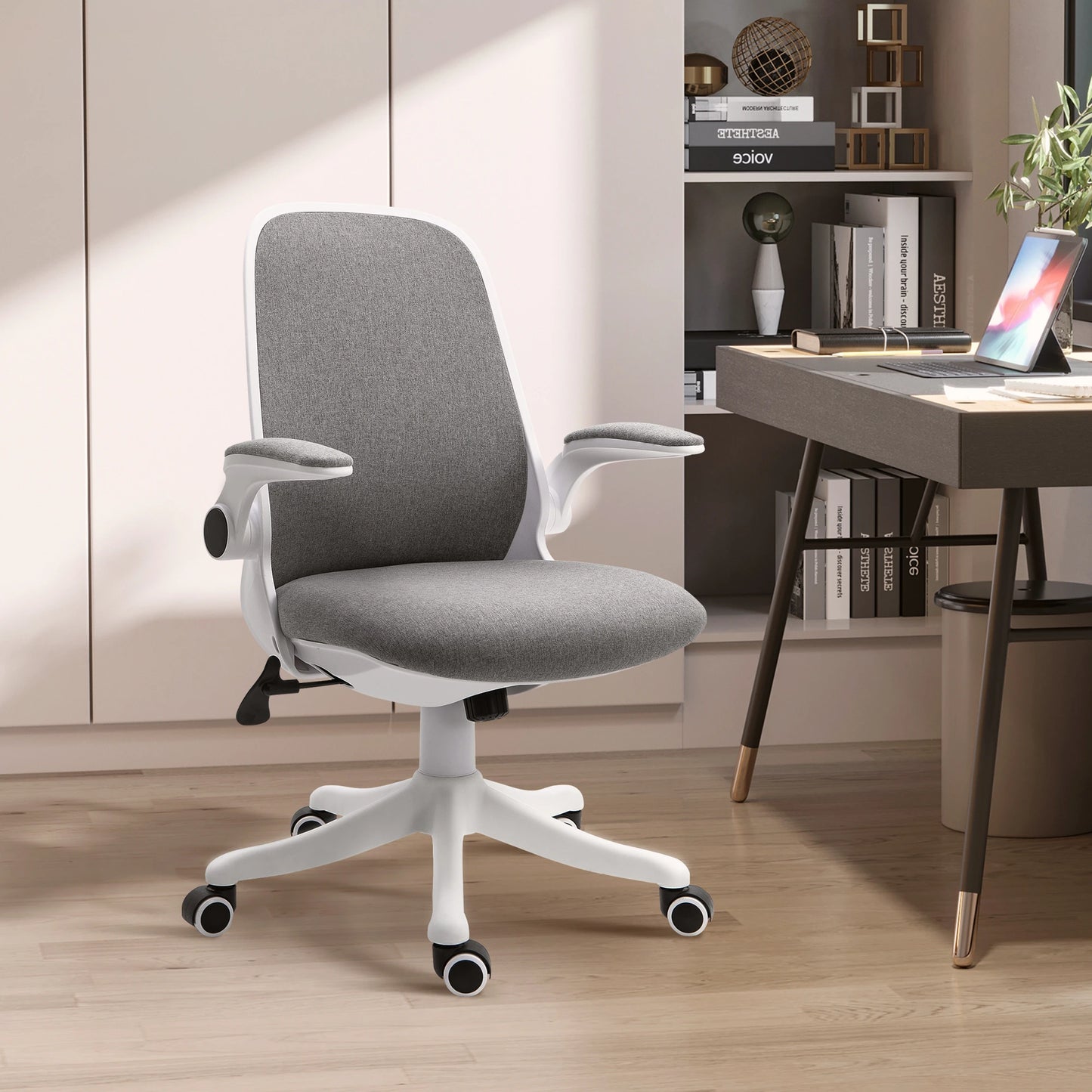 360° Swivel Task Desk Office Chair Breathable Fabric Computer Chair with Flip-up Arms and Adjustable Height, Grey