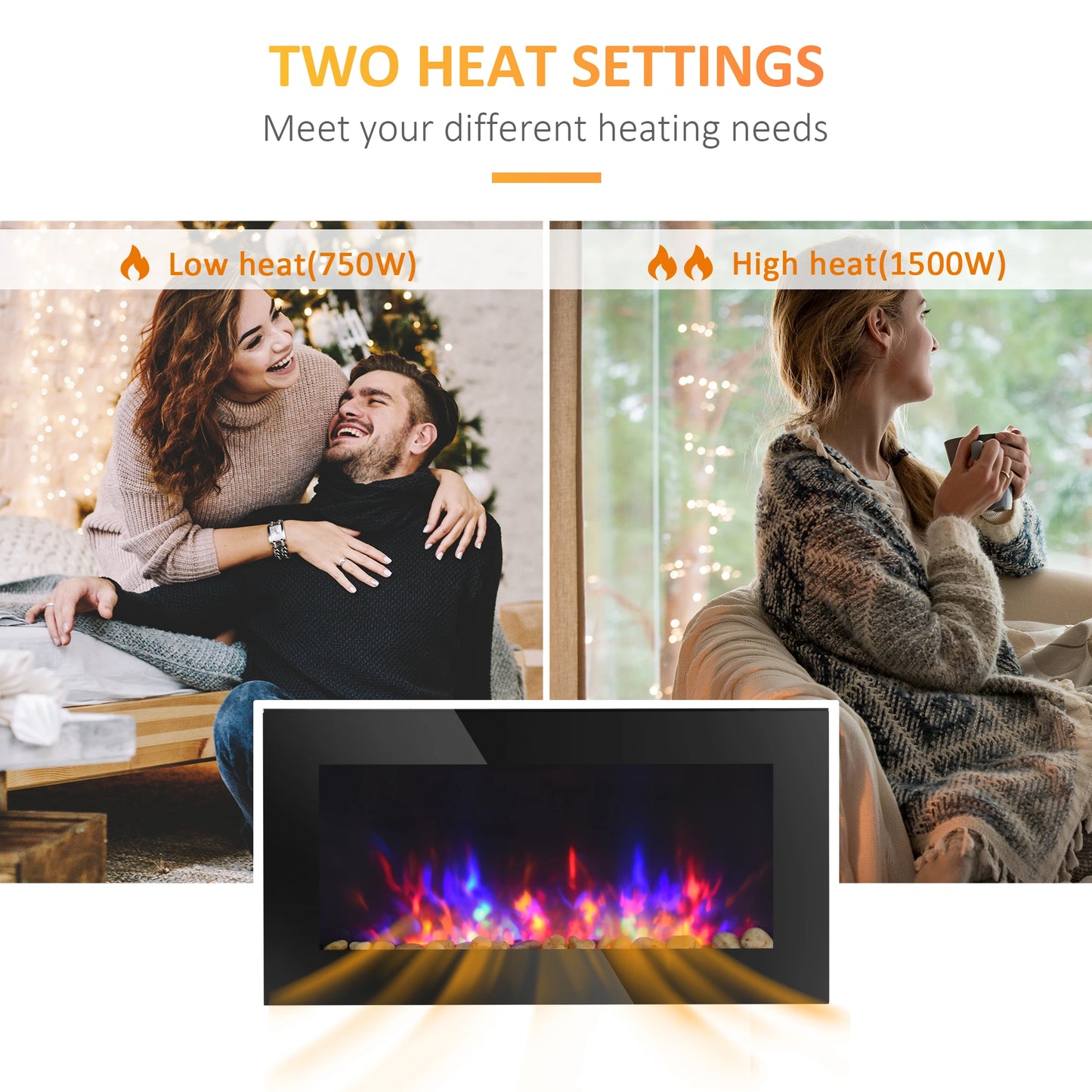 36" Wall-Mounted Electric Fireplace, 750/1500W Fireplace Heater with Flame Effect, 7 Color Background Light and Side Light, Black