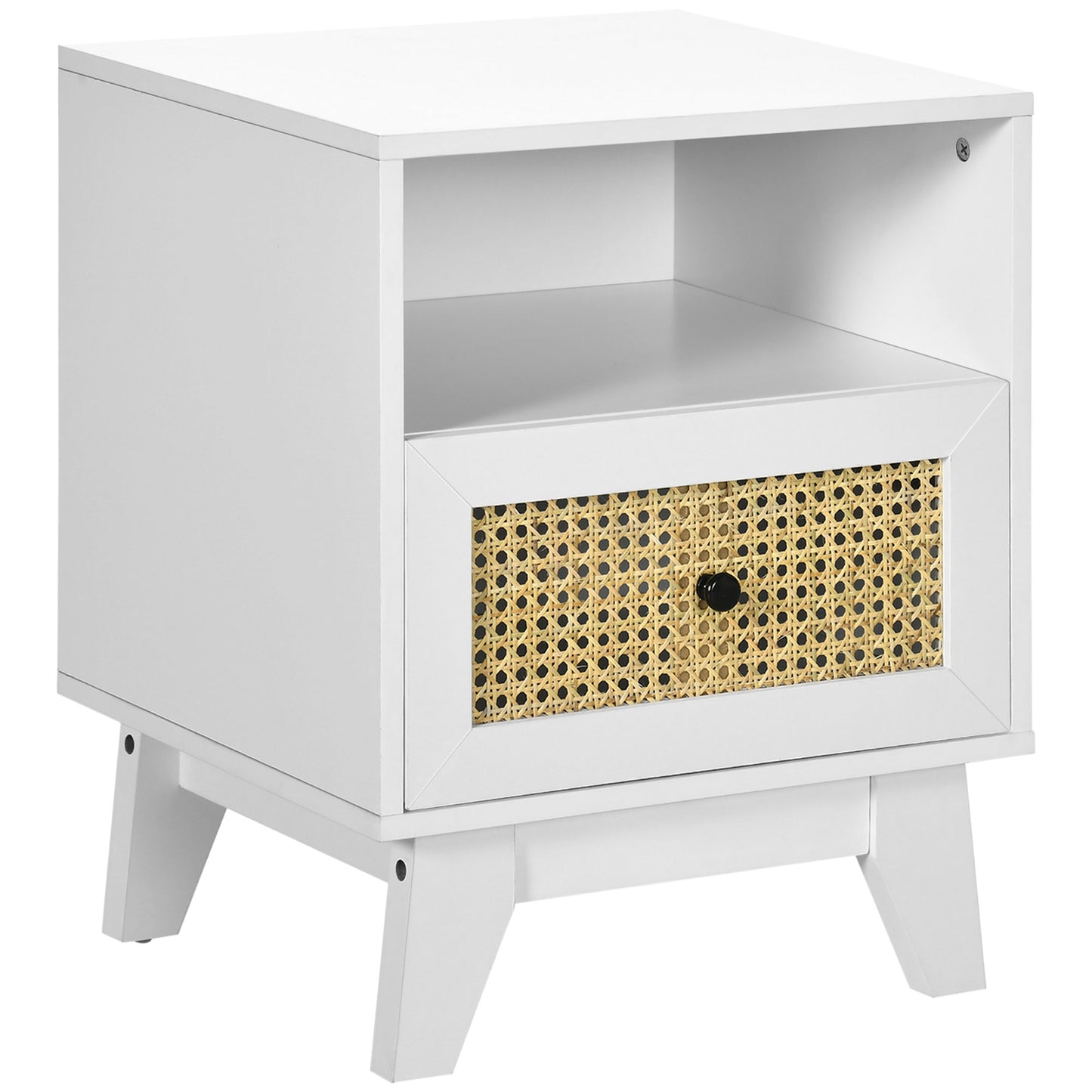 Bedside Table with Rattan Element, Side End Table with Drawer and Shelf, 17.7"x15.4"x22.2", White