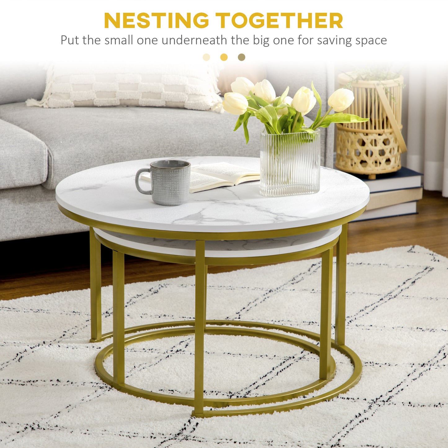 Round Nesting Tables Set of 2, Stacking Coffee Table Set with Metal Frame, Modern Coffee Table for Living Room, Bed Room, White