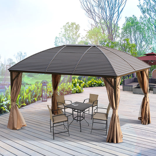 10' x 13' Hardtop Gazebo Aluminum Outdoor Canopy with Mesh Nettings, Practical Curtains, Arc Roof & Roomy Interior Space, Brown