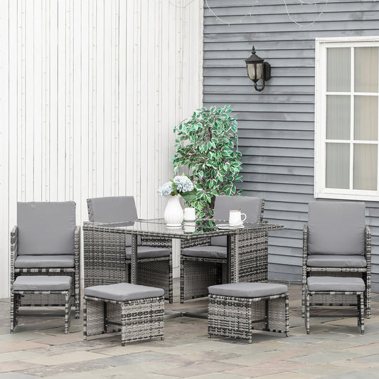 Outsunny 9 Piece Patio Wicker Dining Set Rattan Garden Sectional Sofa Outdoor Space-Saving Armchair & Ottoman Furniture Sets w/ Cushion, Grey