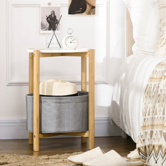 Round Side Table with Detachable Tray Top and Fabric Storage Basket, End Table with Bamboo Frame