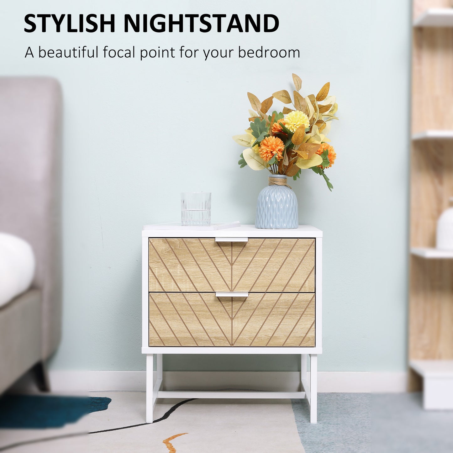 Modern Bedside Table with 2 Drawers and Steel Frame, Sofa Side Table for Bedroom Living Room, White and Oak