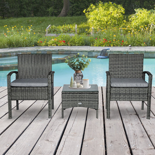 Outsunny 3pcs Rattan Wicker Coffee Set Garden Chairs and Table Set Outdoor Furniture All Weather w/ Cushion Grey