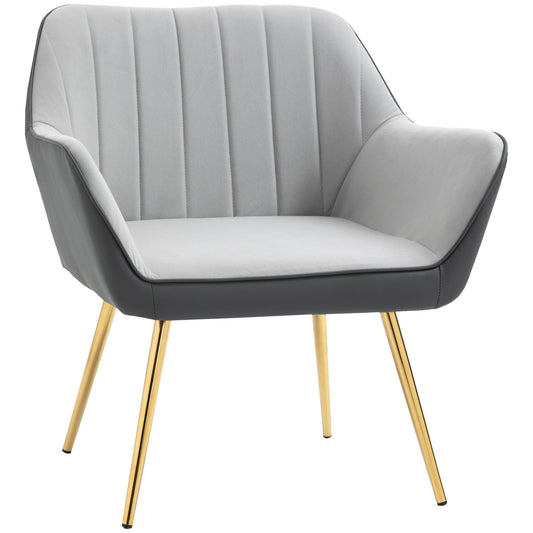 Modern Accent Chairs with Cushioned Seat, Upholstered Velvet Armchair for Bedroom, Living Room Chair with Arms and Gold Steel Legs, Light Grey