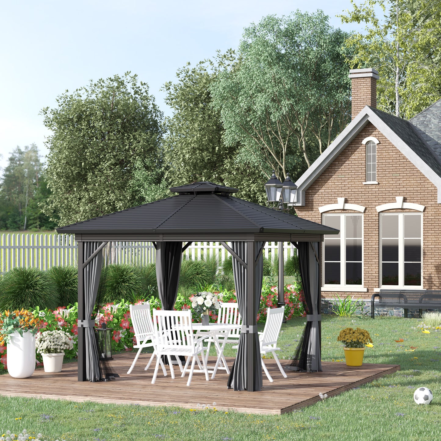 Outsunny 10' x 10' Steel Hardtop Gazebo Garden Sun Shelter with Mosquito Netting and Curtains Hanging Hook Aluminum Frame Black