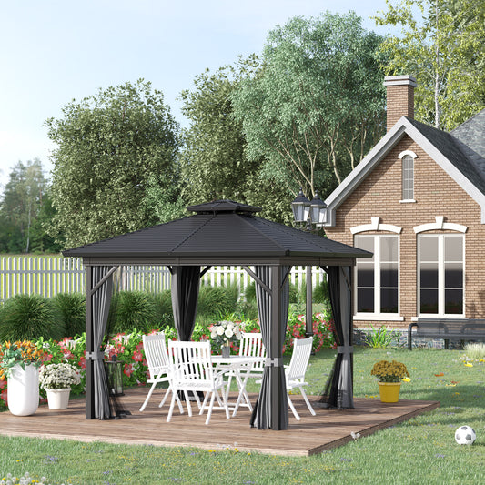 Outsunny 10' x 10' Steel Hardtop Gazebo Garden Sun Shelter with Mosquito Netting and Curtains Hanging Hook Aluminum Frame Black