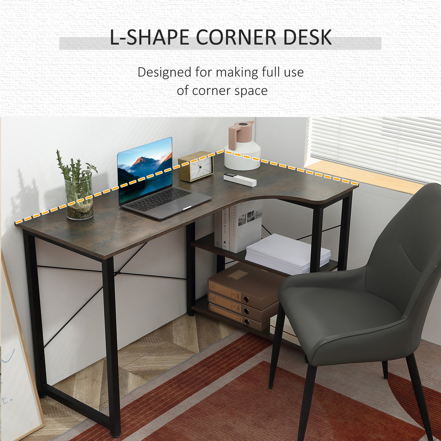 Shaped Computer Desk Home Office Corner Desk Study Workstation Table with 2 Shelves, Steel Frame, Brown