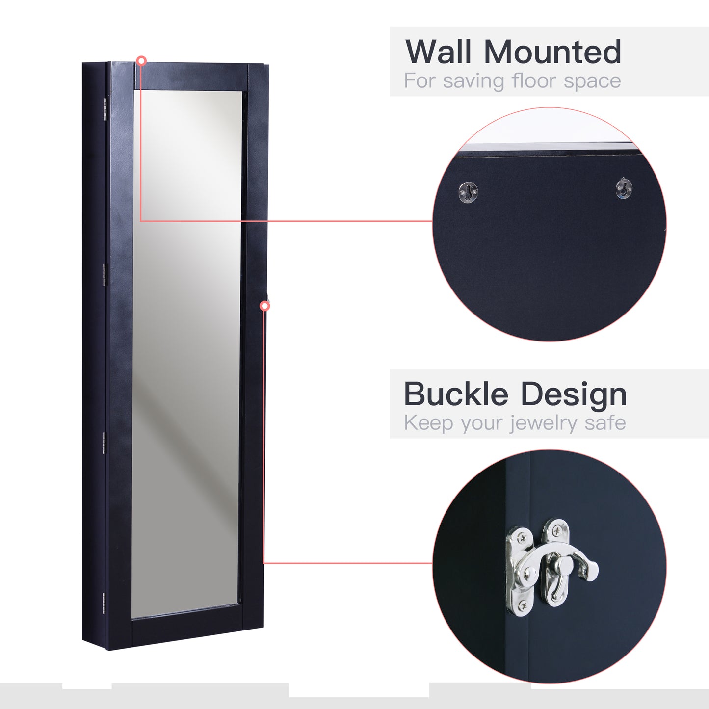 Black Mirrored Jewelry Cabinet Hanging Wall Door Mount Real Glass Mirror Locked, Black