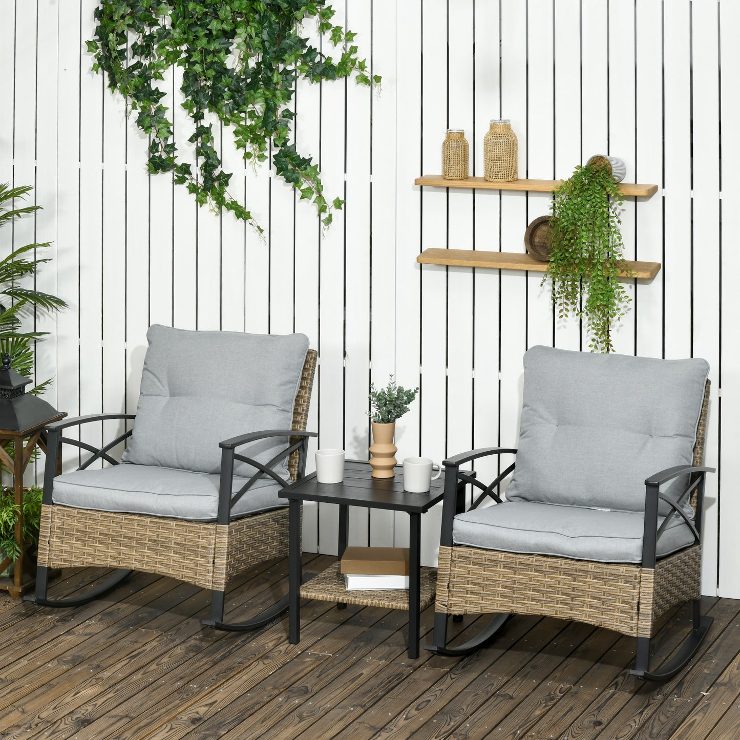 Patio Wicker 3 Pieces Rocking Chair Set, Outdoor PE Rattan Bistro Set with Padded Cushions, Rocker Chair Set and Two-tier Iron Plate Top Table for Garden, Light Gray