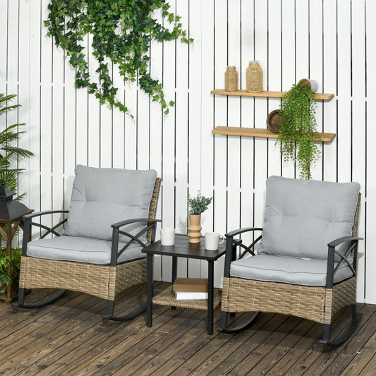 Patio Wicker 3 Pieces Rocking Chair Set, Outdoor PE Rattan Bistro Set with Padded Cushions, Rocker Chair Set and Two-tier Iron Plate Top Table for Garden, Light Gray