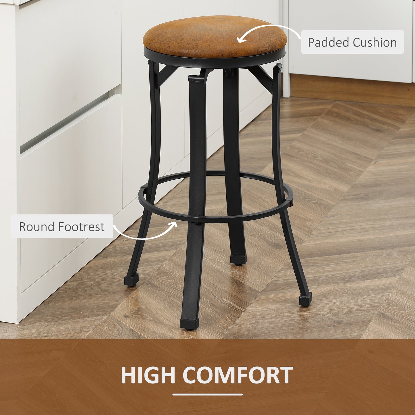 Bar Stools Set of 2, Vintage Barstools with Footrest, Microfiber Cloth Bar Chairs with Powder-coated Steel Legs for Kitchen and Dining Room, Brown