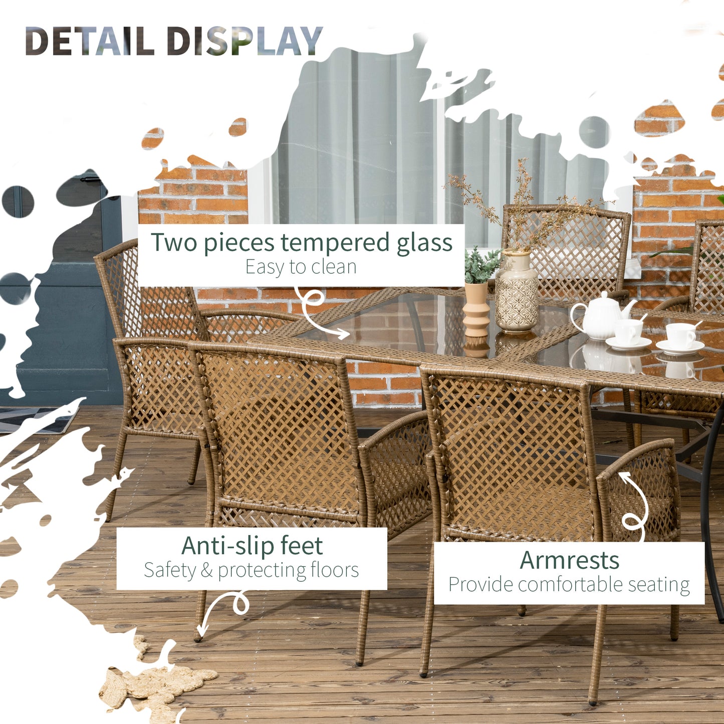 Outsunny 7 Pieces Wicker Patio Dining Set, Outdoor Rattan Dining Set with 1 Rectangular Table & 6 Chairs with Cushions, Tempered Glass Top Table for Patio, Yard, Poolside, Beige