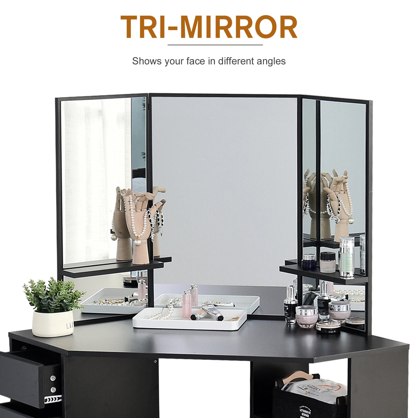 Corner Vanity Table, Makeup Desk with Three-Fold Mirror and 5 Drawers, Black