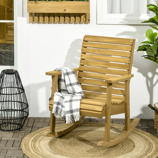 Wooden Outdoor Rocking Chair, Patio Traditional Rocking Chair, Slatted Structure Porch Rocker w/ Armrest for Both Outdoor and Indoor, Light Brown