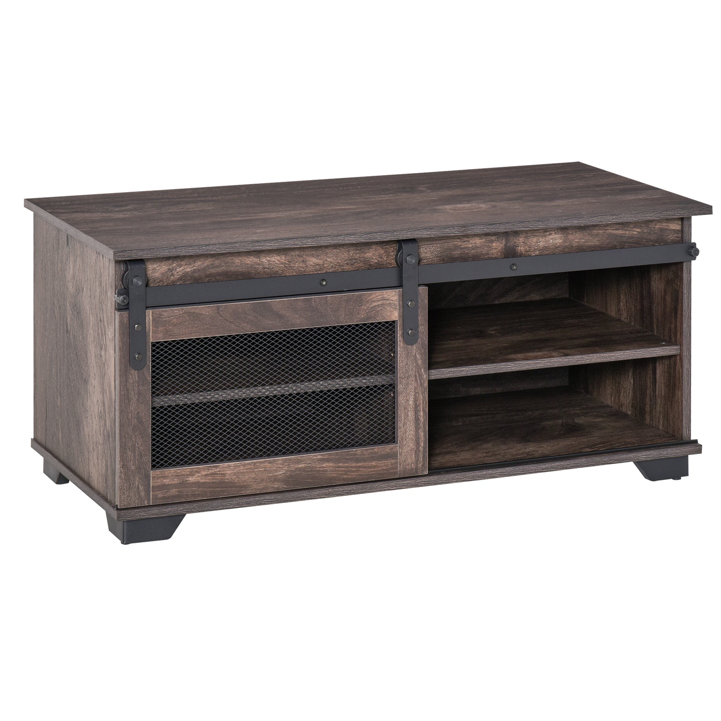 Farmhouse Coffee Table with Sliding Mesh Barn Door, Industrial Center Table with Adjustable Shelf for Living Room, Dark Brown