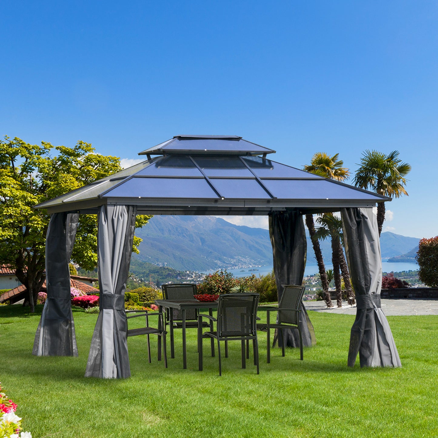 Outsunny 12' x 10' Polycarbonate Hardtop Gazebo Canopy Double Tier Roof Aluminum Frame, Black