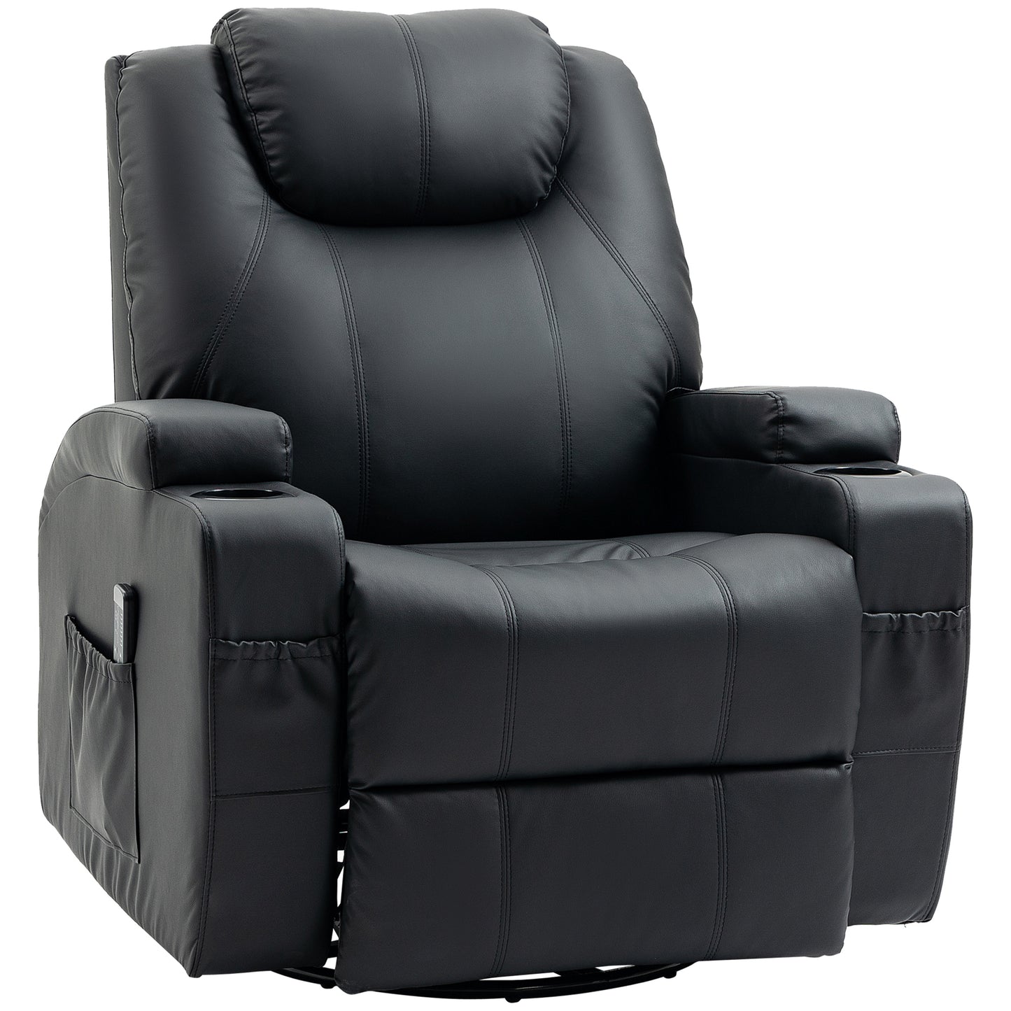 Faux Leather Recliner Chair with Massage, Vibration, Muti-function Padded Sofa Chair with Remote Control, 360 Degree Swivel Seat with Dual Cup Holders, Black