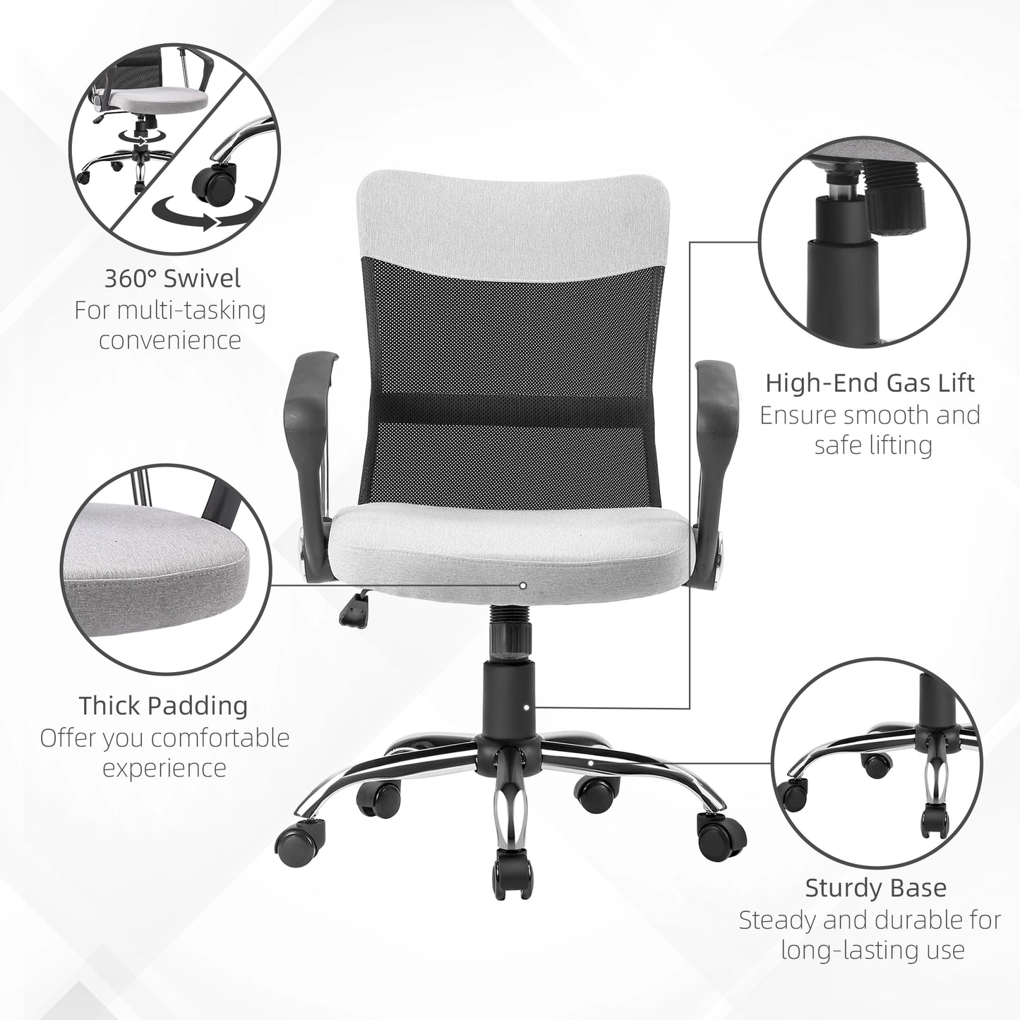 Ergonomic Office Chair, Mid Back Mesh Chair with Armrests, Adjustable Height, Grey and Black