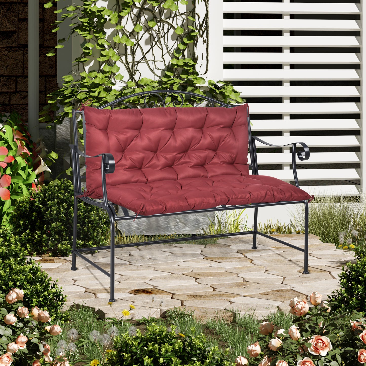 Outsunny 2 Seater Garden Bench Cushions, 4.7 Inch Thick Outdoor Non-Slip 2 Seater Soft Pad With Backrest for Garden Patio, Wine Red