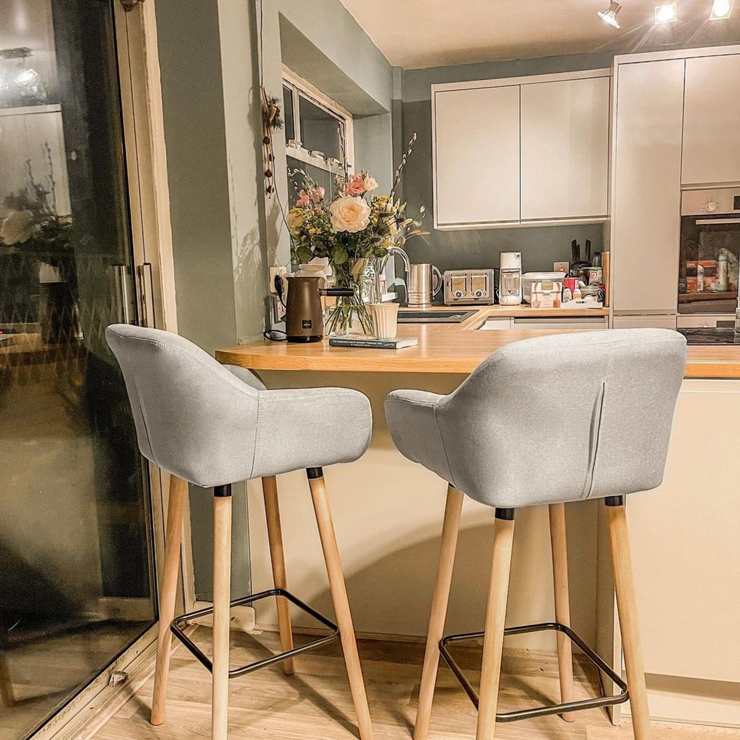 Modern Bar Stools Set of 2, 31.5" Barstools with Linen Fabric and Solid Wood Legs, Backrest and Footrest, Dining Room Kitchen Counter, Beige