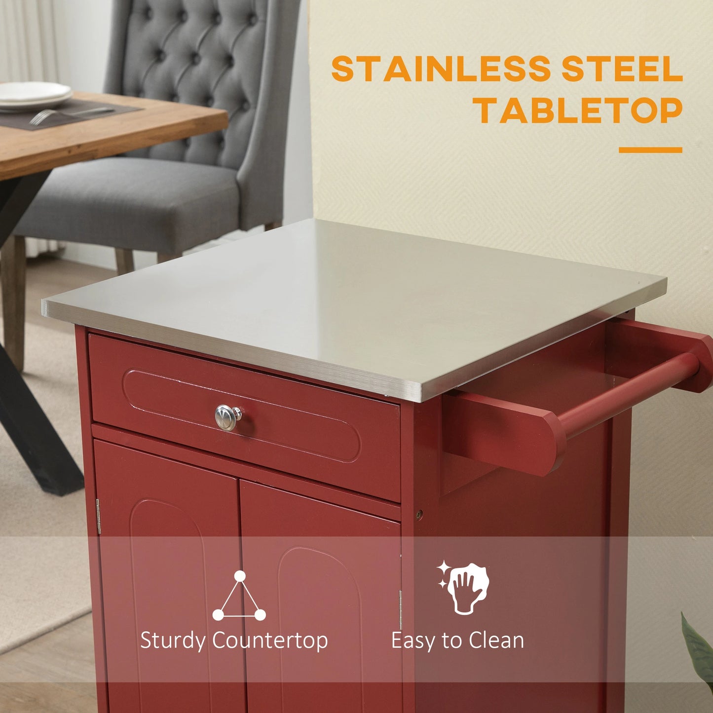 Kitchen Cart, Small Kitchen Island, Stainless Steel Top Utility Trolley on Wheels with Storage Drawer for Dining Room, Kitchen, Red