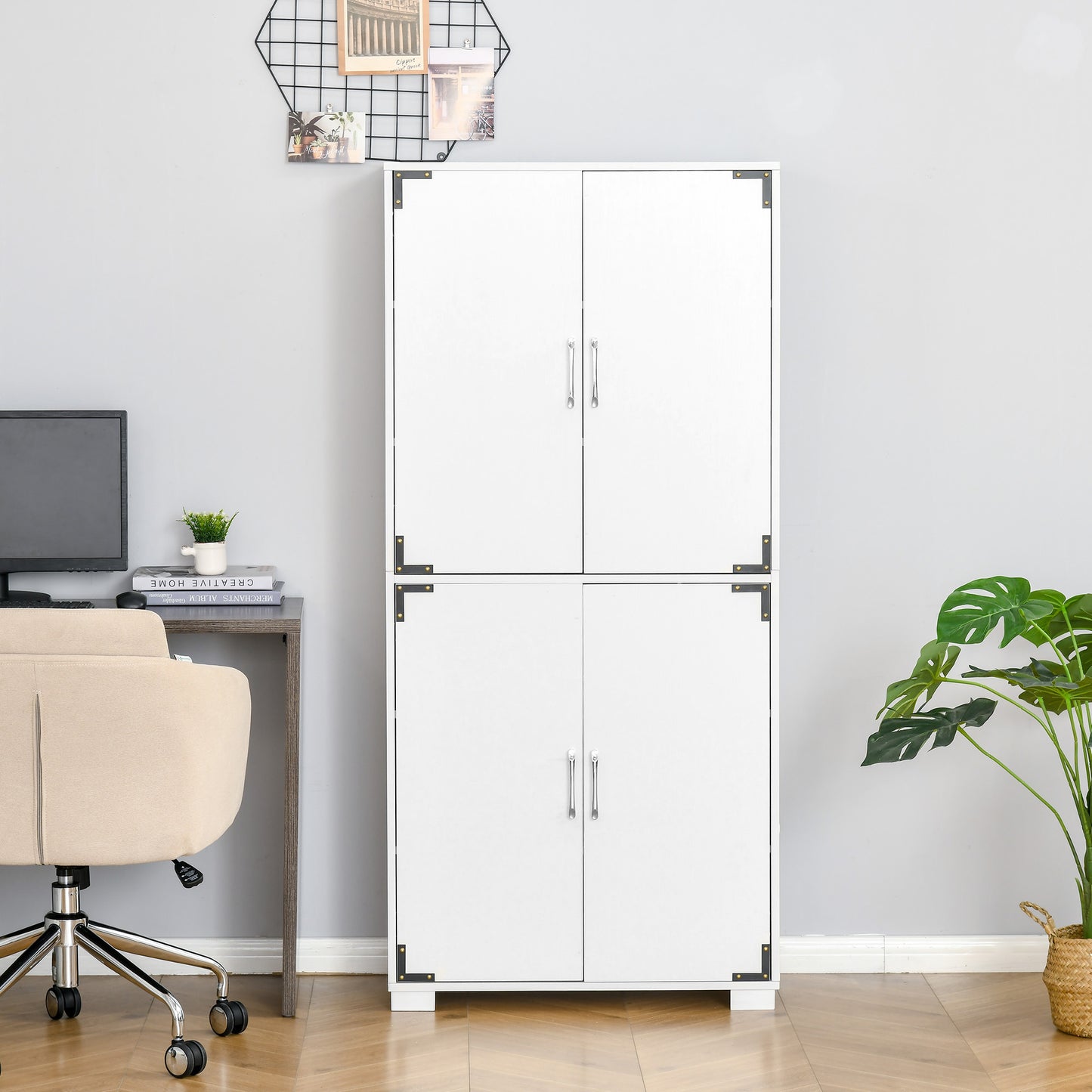 Industrial kitchen Pantry Storage Cabinet with 4 Doors, Cupboard with Shelves for Bedroom and Living Room, White