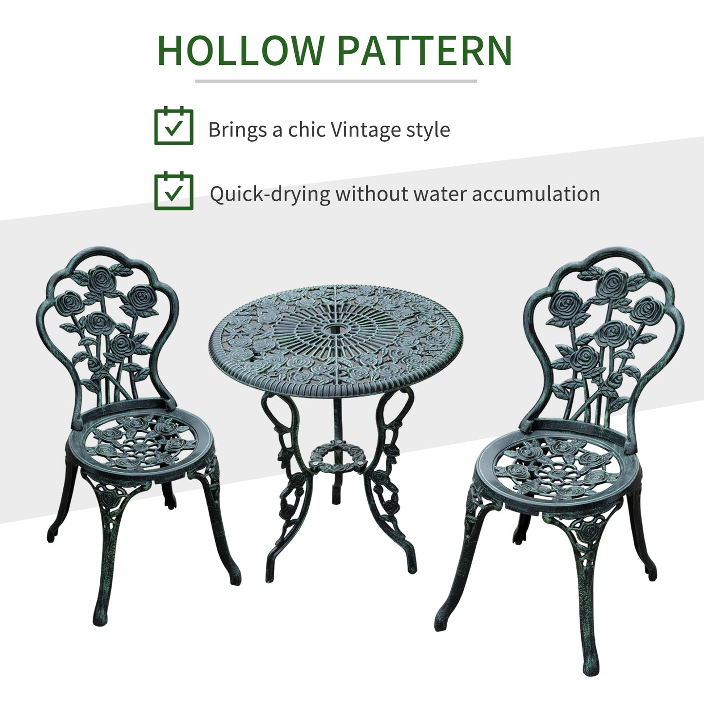 Outsunny 3 Pieces Antique Style Patio Bistro Table Chair Set Outdoor Garden Furniture Indoor Tea Table w/ Umbrella Hole and Chair Set, Antique Green