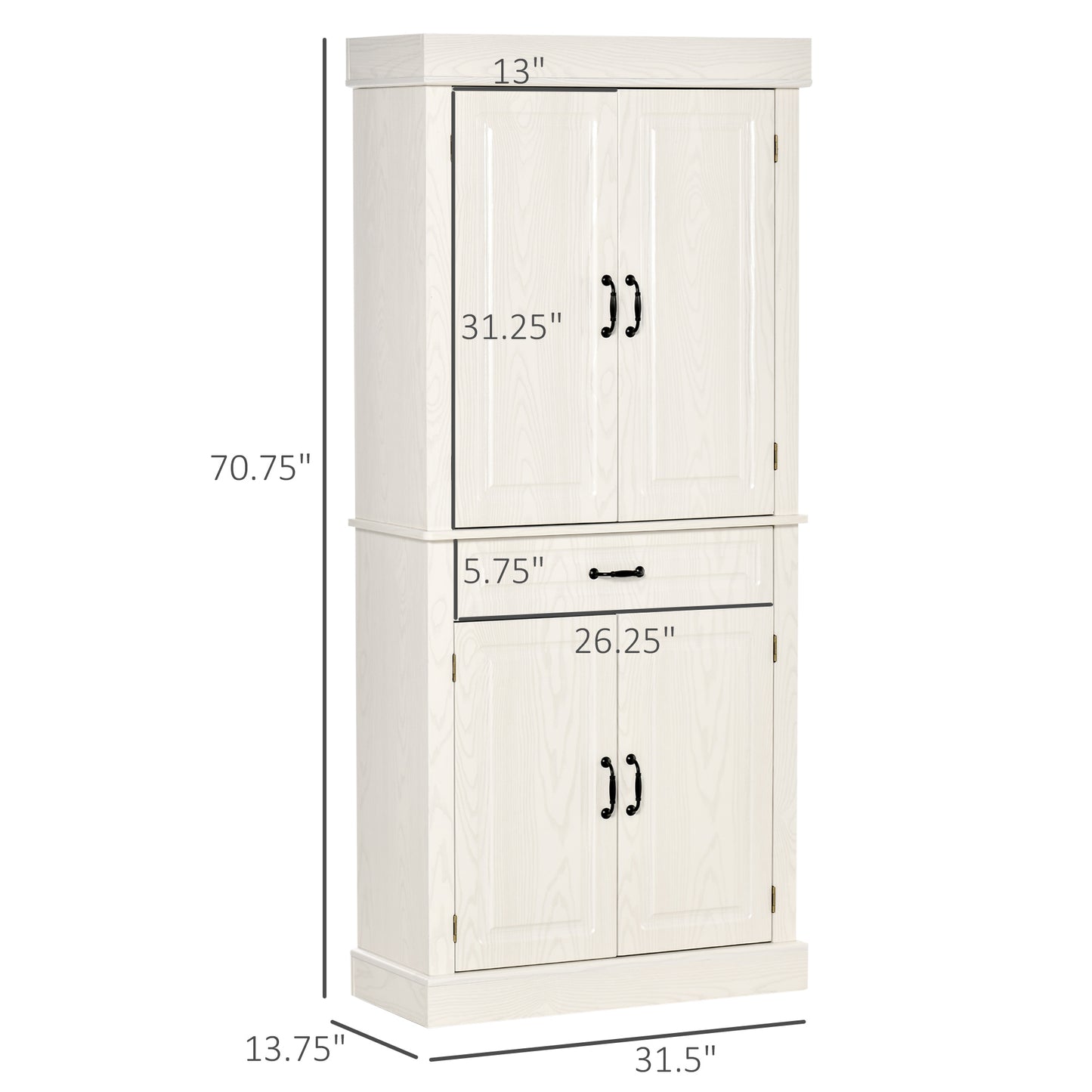 71" Freestanding Kitchen Pantry with 4 Doors, and 2 Large Cabinets, Tall Storage Cabinet with Wide Drawer for Kitchen Dining Room, White Wood Grain