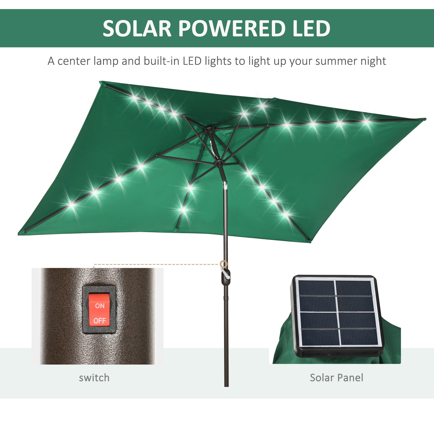 Outsunny 6.5x10ft Patio Umbrella Rectangle Solar Powered Tilt Aluminum Outdoor Market Parasol with LEDs Crank (Dark Green)