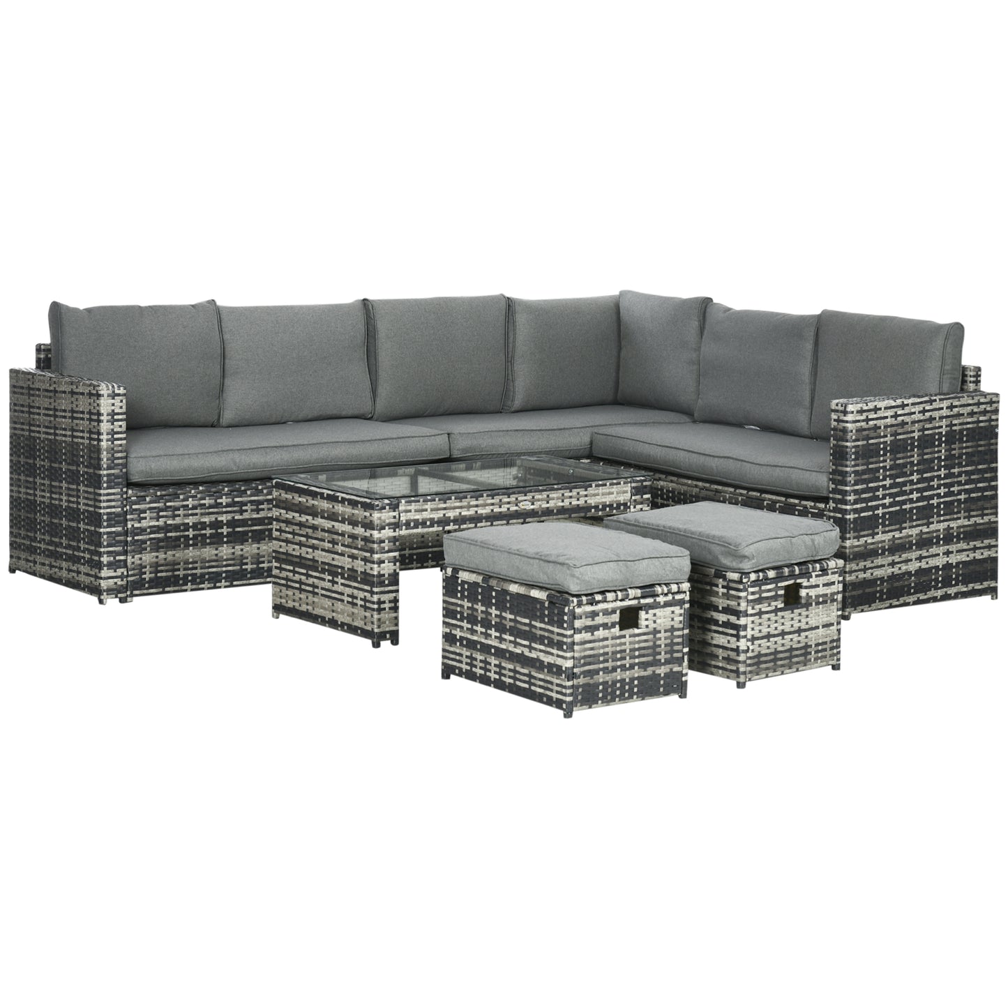 Outsunny 6 Piece Rattan Garden Furniture Set, 8-Seater Outdoor Sofa Sectional with 3 Loveseat Wicker Sofa with Cushions, 2 Footstools and Glass Table for Yard, Poolside, Gray