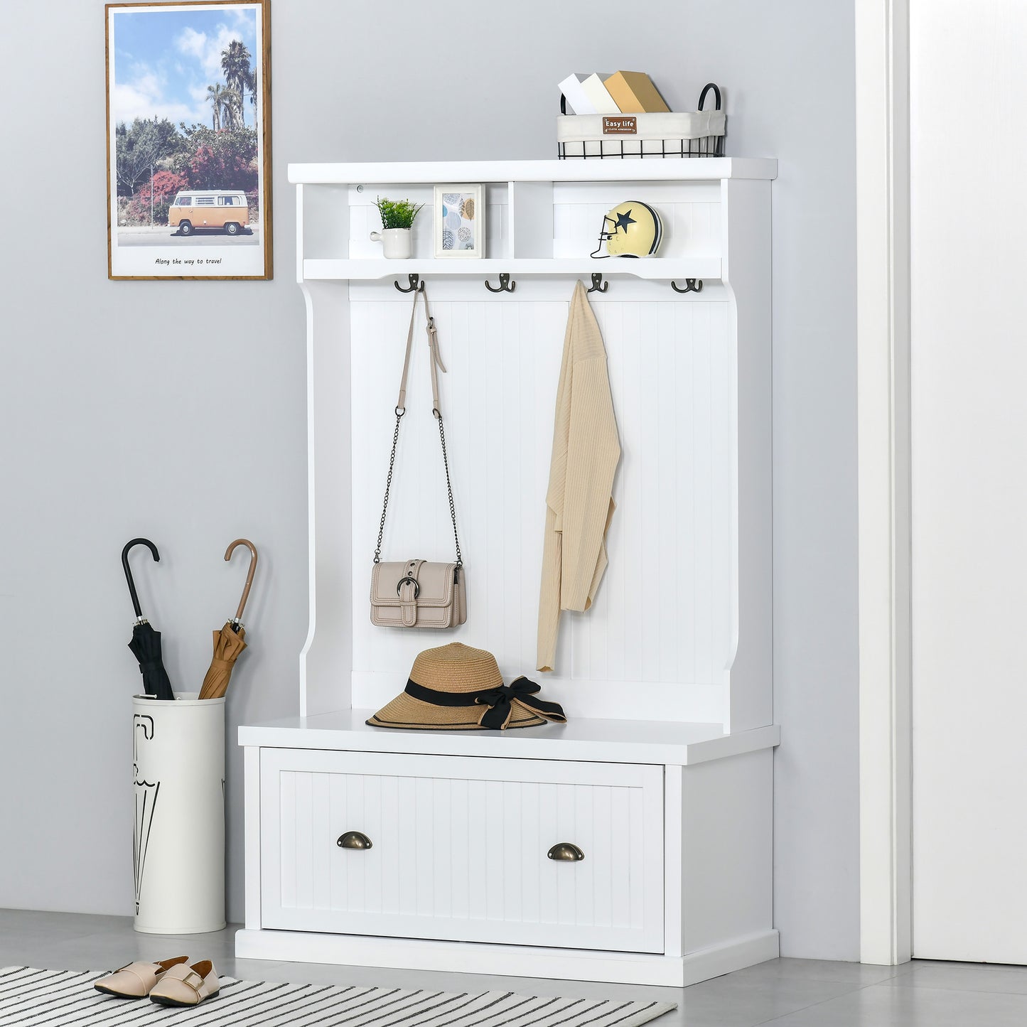 Modern Hall Tree, Coat Rack with Shoe Storage Bench, 3-in-1 Wardrobe with 4 Double Hooks and 2 Shelves for Hallway, Living Room, White