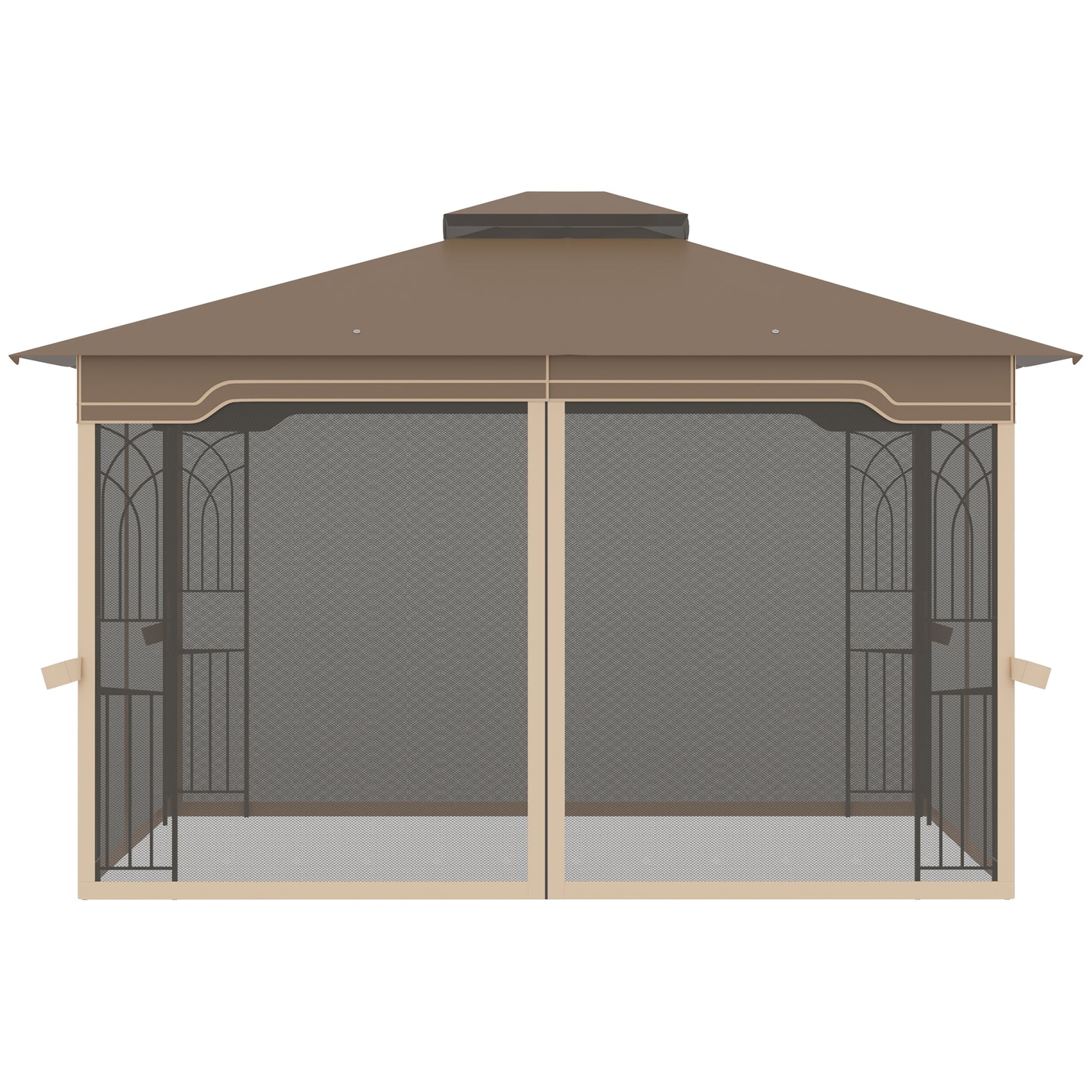 12' x 10' Patio Gazebo Outdoor Canopy Shelter with Double Tier Roof and Netting Sidewalls, Brown