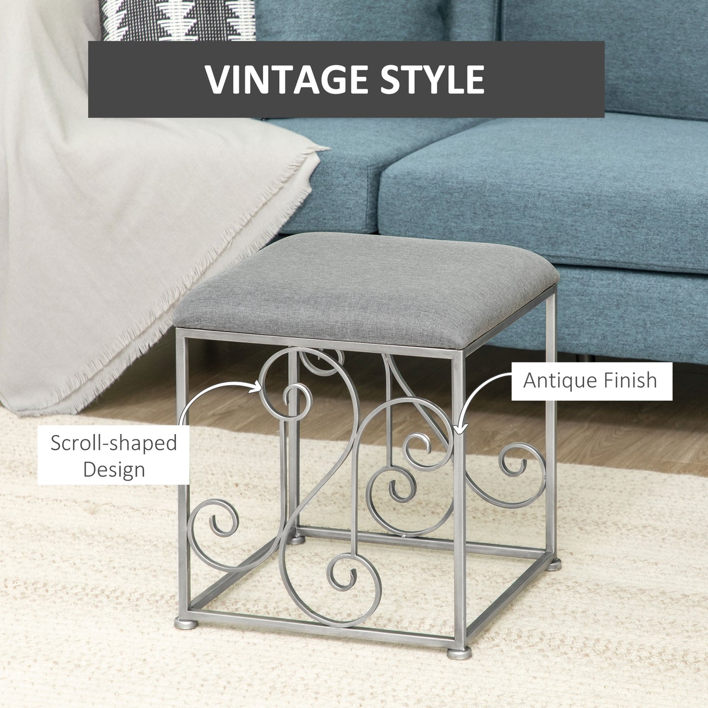 Vintage Foot Stool, French Ottoman with Linen Touch Fabric Upholstered Seat and Steel Base, Vanity Stool for Bedroom, Living Room, Grey