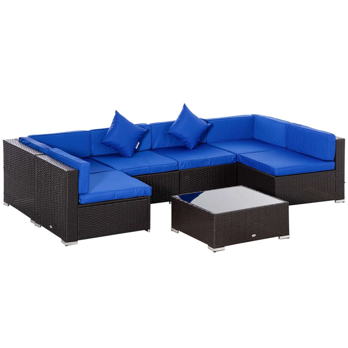 Outsunny 7 Pieces Outdoor Rattan Furniture Set, Patio Wicker Sectional Conversation Sofa Set w/ Cushions & Tempered Glass Coffee Table, Perfect for Garden, Lawn, and Deck, Blue