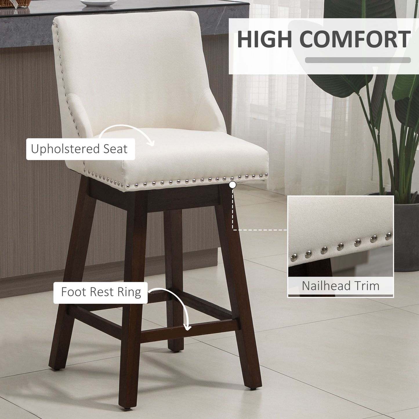 Swivel Bar stool Set of 2 Armless Upholstered Bar Chairs with Nailhead-Trim, Wood Legs, Cream White