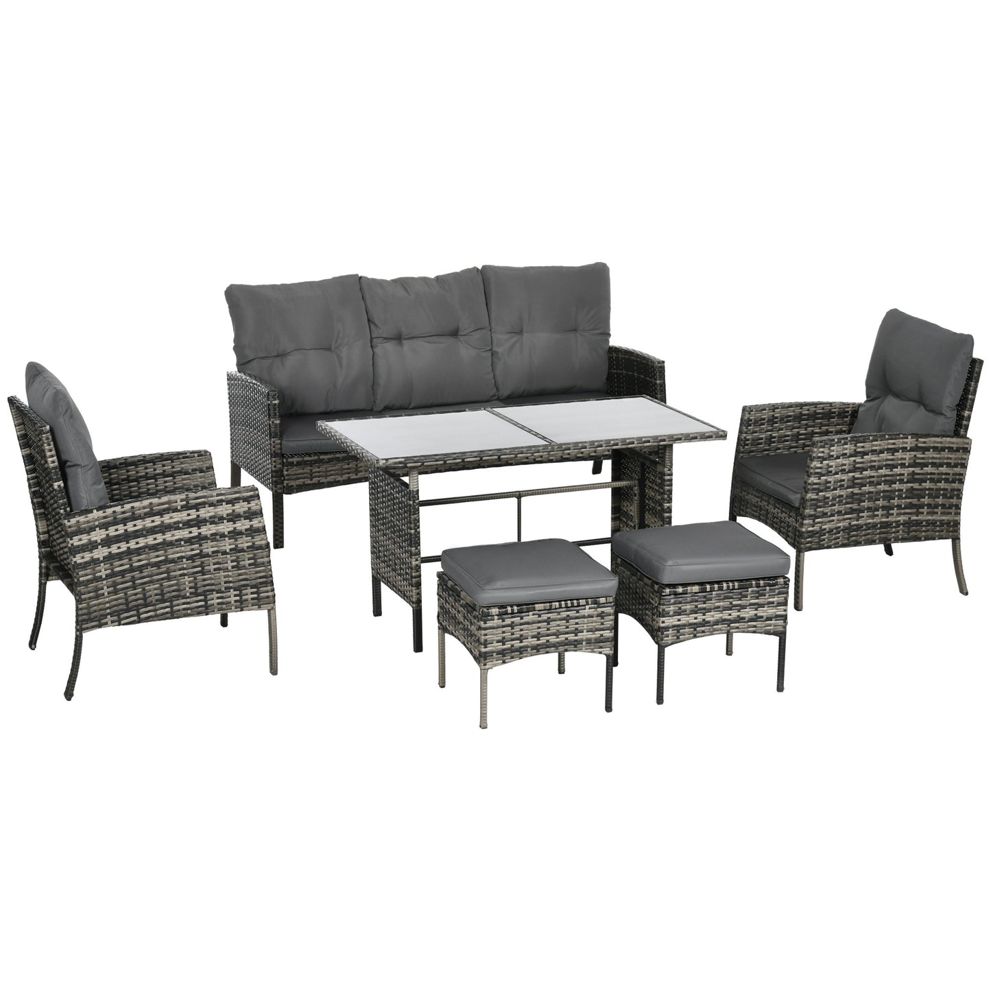 Outsunny 6 Piece Outdoor Patio Furniture Set with Patio Chairs, Ottomans, Sofa, Glass Table and Cushions, Sectional Wicker Rattan conversation set for Backyard, Porch, Gray