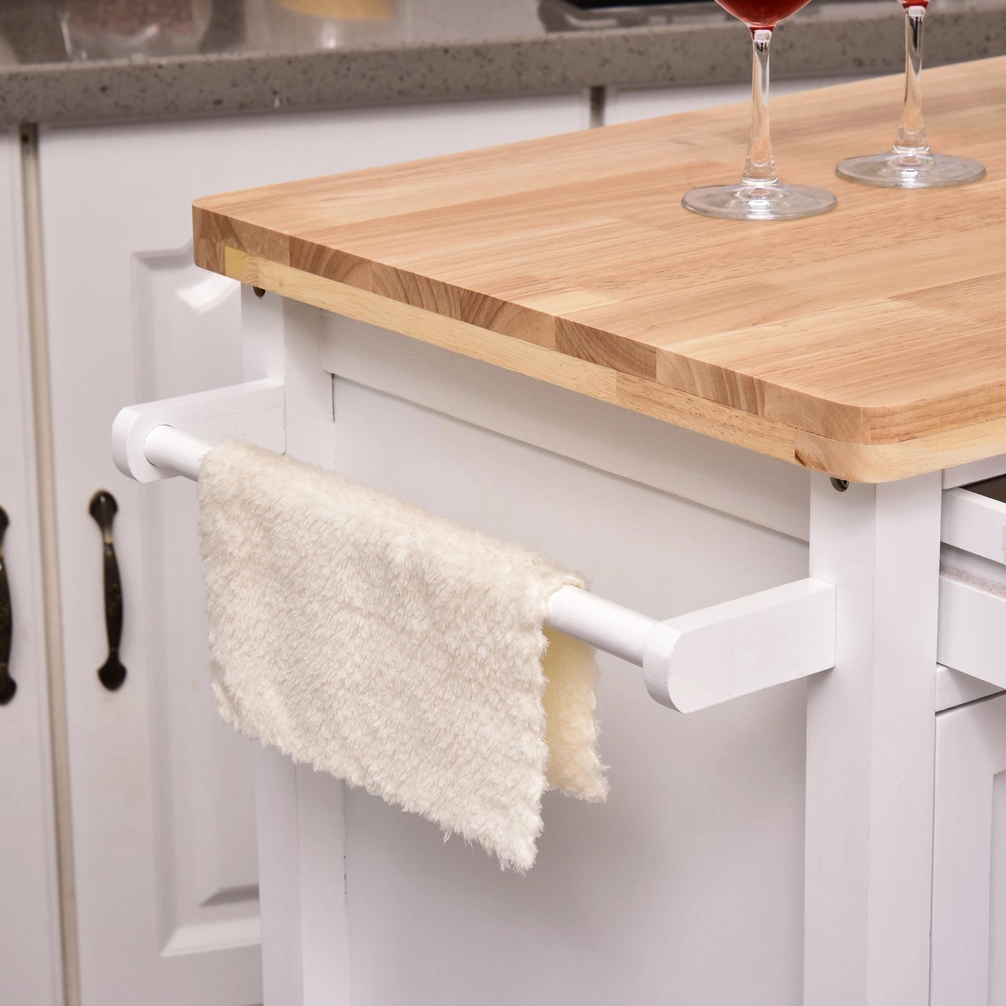 Kitchen Storage Cabinet Trolley Serving Cart Rubber Wood top Rolling Kitchen Island with Towel Rack and Drawer White