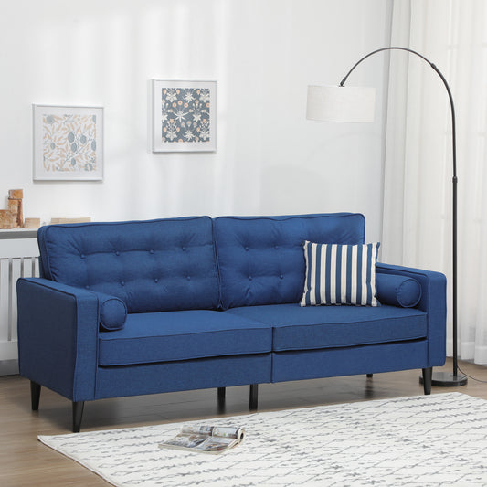 Mid-Century Small Sofa, Mini Couch with Button-Tufted Back Cushion, Velvet Feel Fabric Upholstery, 2 Cylindrical Pillows and Rubber Wood Legs for Living Room, Bedroom, Dark Blue