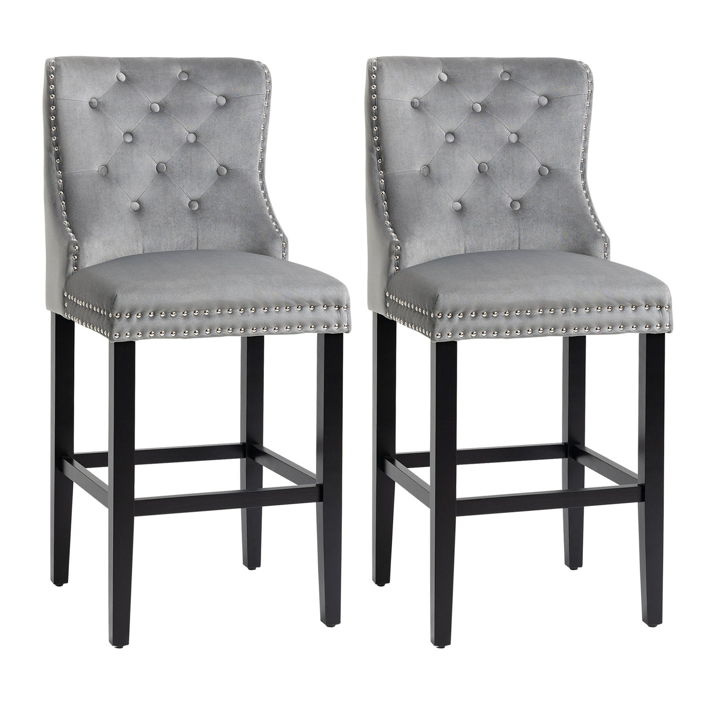 Upholstered Fabric Bar Stool Set of 2, Button Tufted 29.5" Seat Height Pub Chairs with Back & Wood Legs, Grey